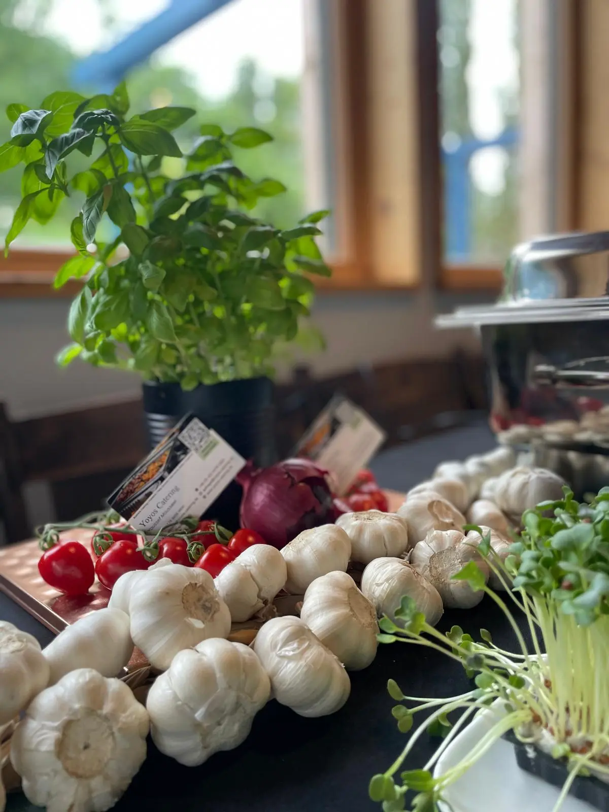 Frische Zutaten Basilikum Knoblauch Und Tomaten Catering